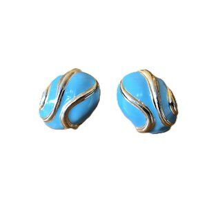 VTG Turquoise Enamel Gold Tone Swirl Earrings Oval Studs Postmodernist Statement